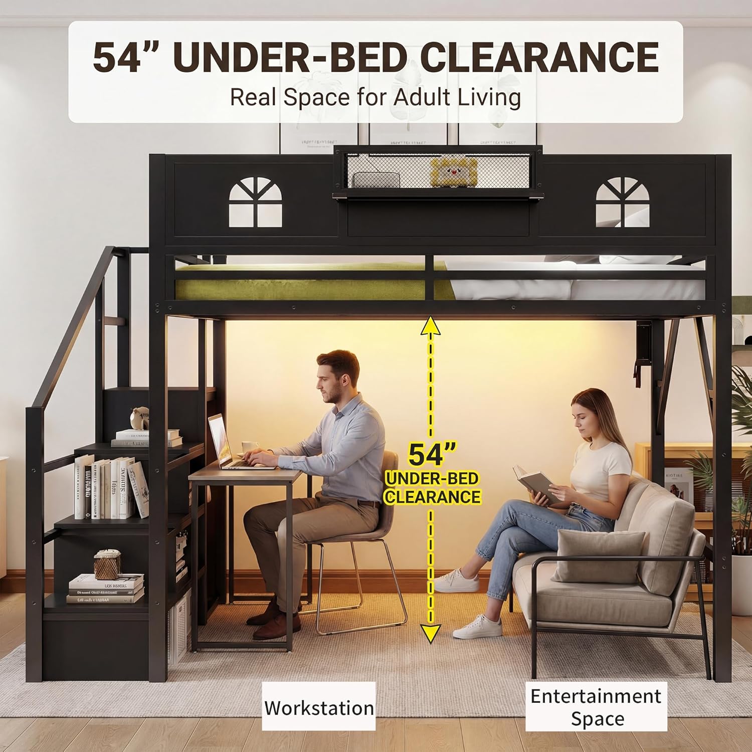 Mirightone Queen Size Loft Bed with Wardrobe, Storage Stairs & Charging Station, Heavy-Duty Loft Beds for Adults with LED Lights, 800 lbs Capacity, Extra-Tall Guardrails, Black Staircase, White