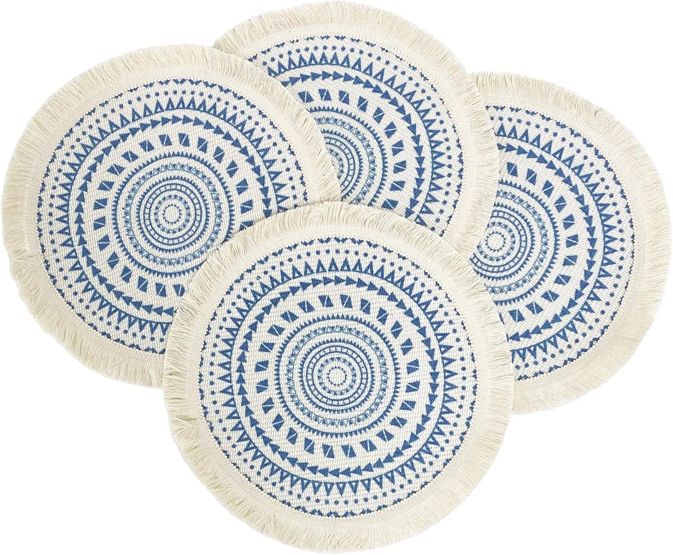 Fennco Styles Boho Geometric Fringe Decorative Cotton Placemats 13-inch Round, Set of 4 - Blue Heat Resistant Insulation Table Mats for Home Decor, Dining Table, Banquets and Special Events