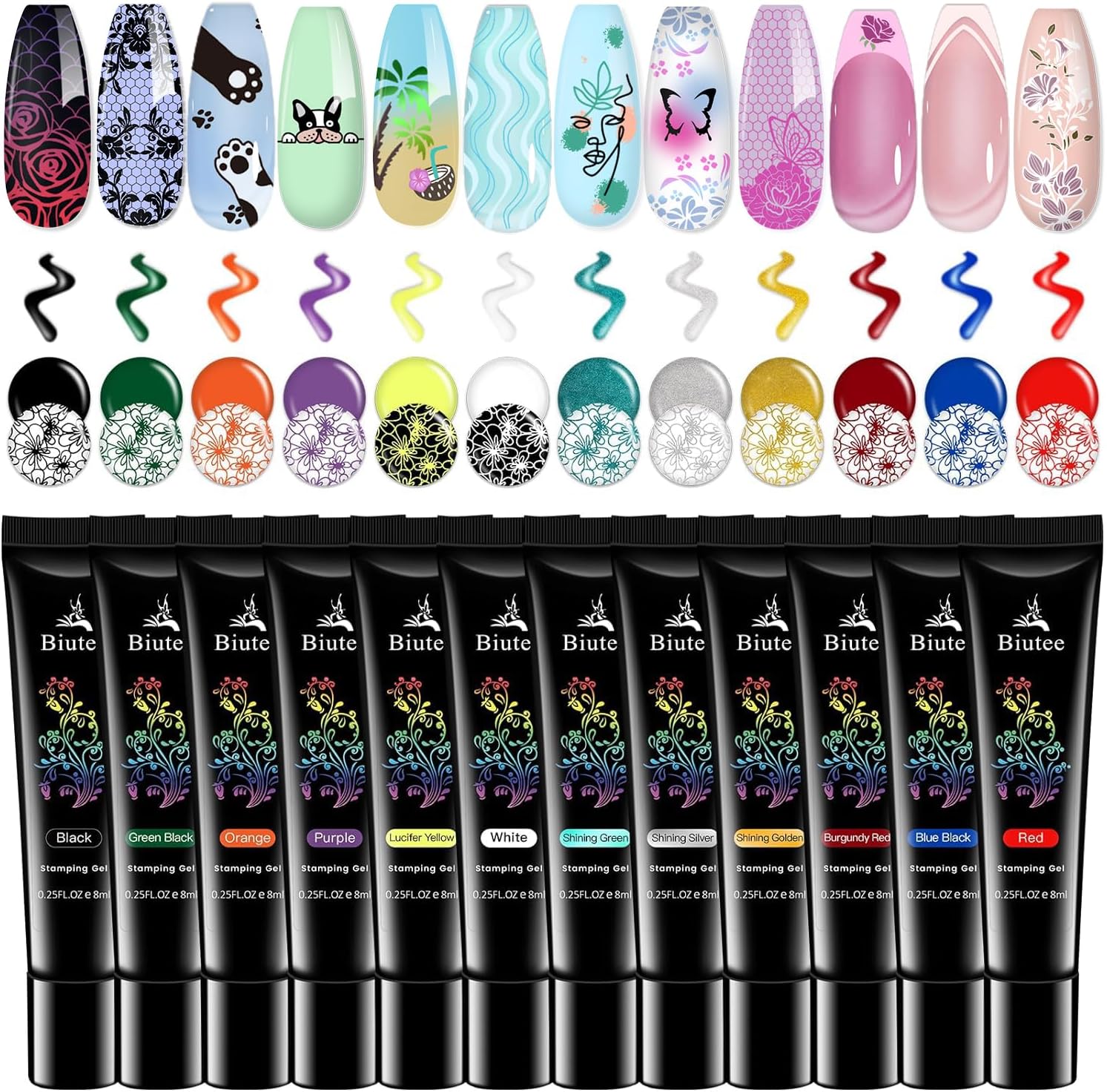 Biutee Nail stamping polish gel Pack of 12 Colors 8ML UV LED Gel Polish Special Polish Gel Printed Nail Polish Gel for nail stamping plate
