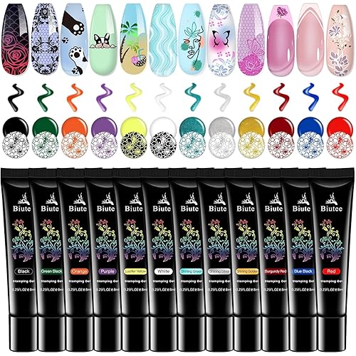 Biutee Nail stamping polish gel Pack of 12 Colors 8ML UV LED Special Printed Nail Polish Gel for nail stamping plate