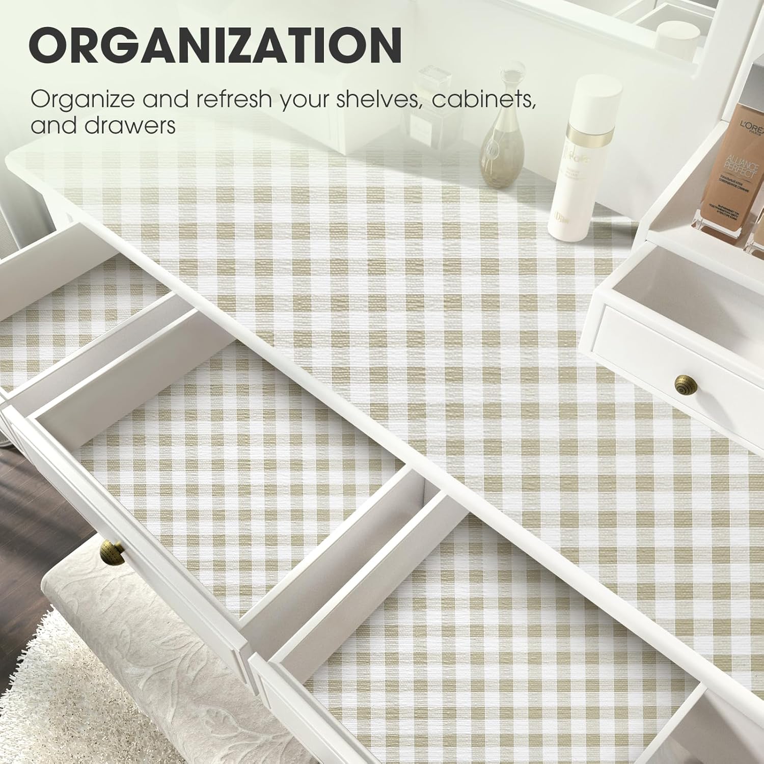 Drawer and Shelf Liner, Non-Slip Kitchen Cabinet Liners Non-Adhesive Thick Strong Grip Waterproof Washable Mats Protect Dresser Shelves Cupboard Bathroom Cabinets, Yellow Plaid, 18 in X 10 FT