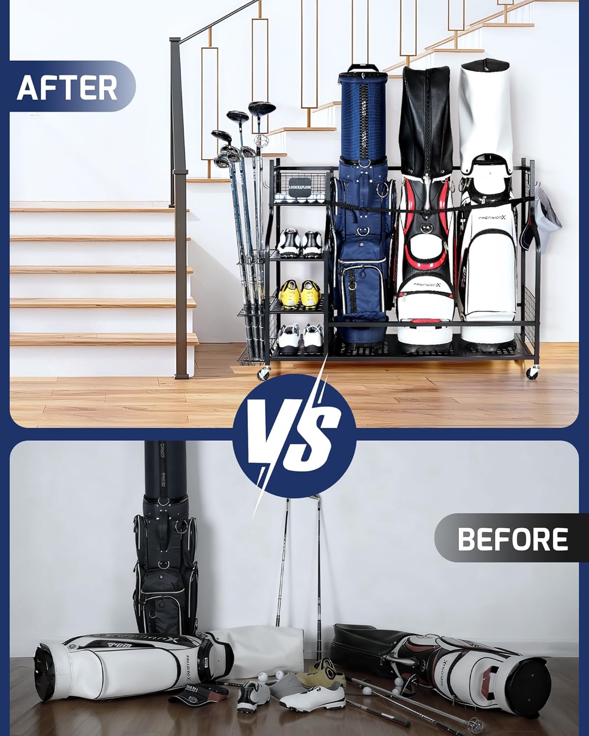 Golf Bag Storage Organizer Rack for Garage, Golf Bag Stand with Rolling Wheels, Heavy-Duty Metal Golf Equipment Organizer for Home, Garage, Clubhouse