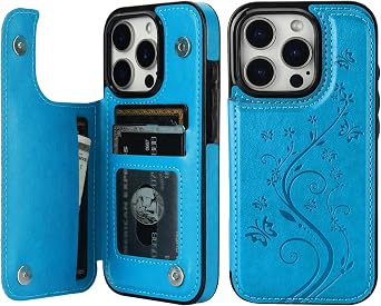 Vaburs Compatible with iPhone 16 Pro Case Wallet with Card Holder,Embossed Butterfly Pattern PU Leather Double Buttons Flip Protective Shockproof Cover for Magnetic Car Mount 6.3 Inch Blue