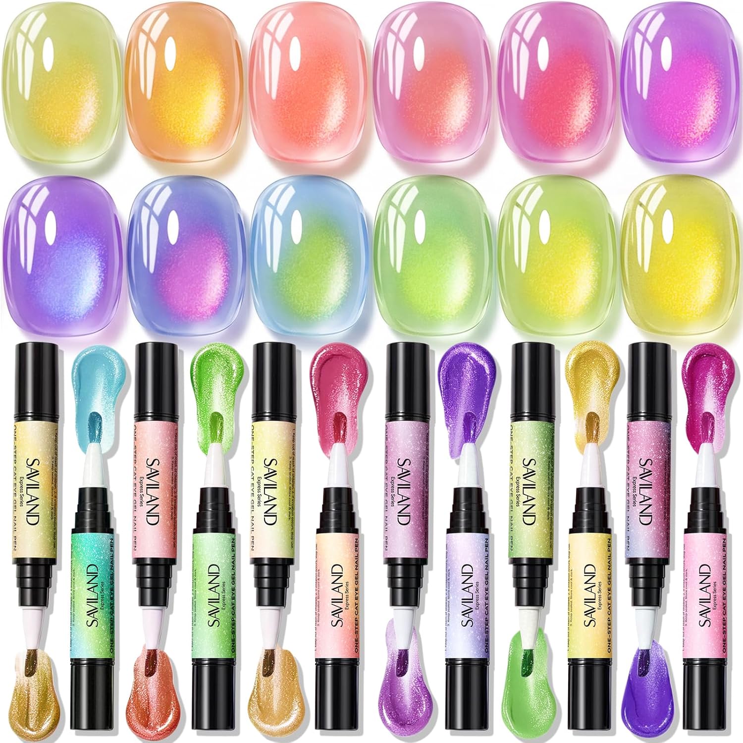 SAVILAND 3 In 1 One Step Gel Nail Polish Pens: Cat Eye Base Top Gel Polish Kit Beginner Friendly Easy Twist Dispensing Portable Nail Art Kit Easy Application Style Change Home Salon Use 12 Colors 4ml