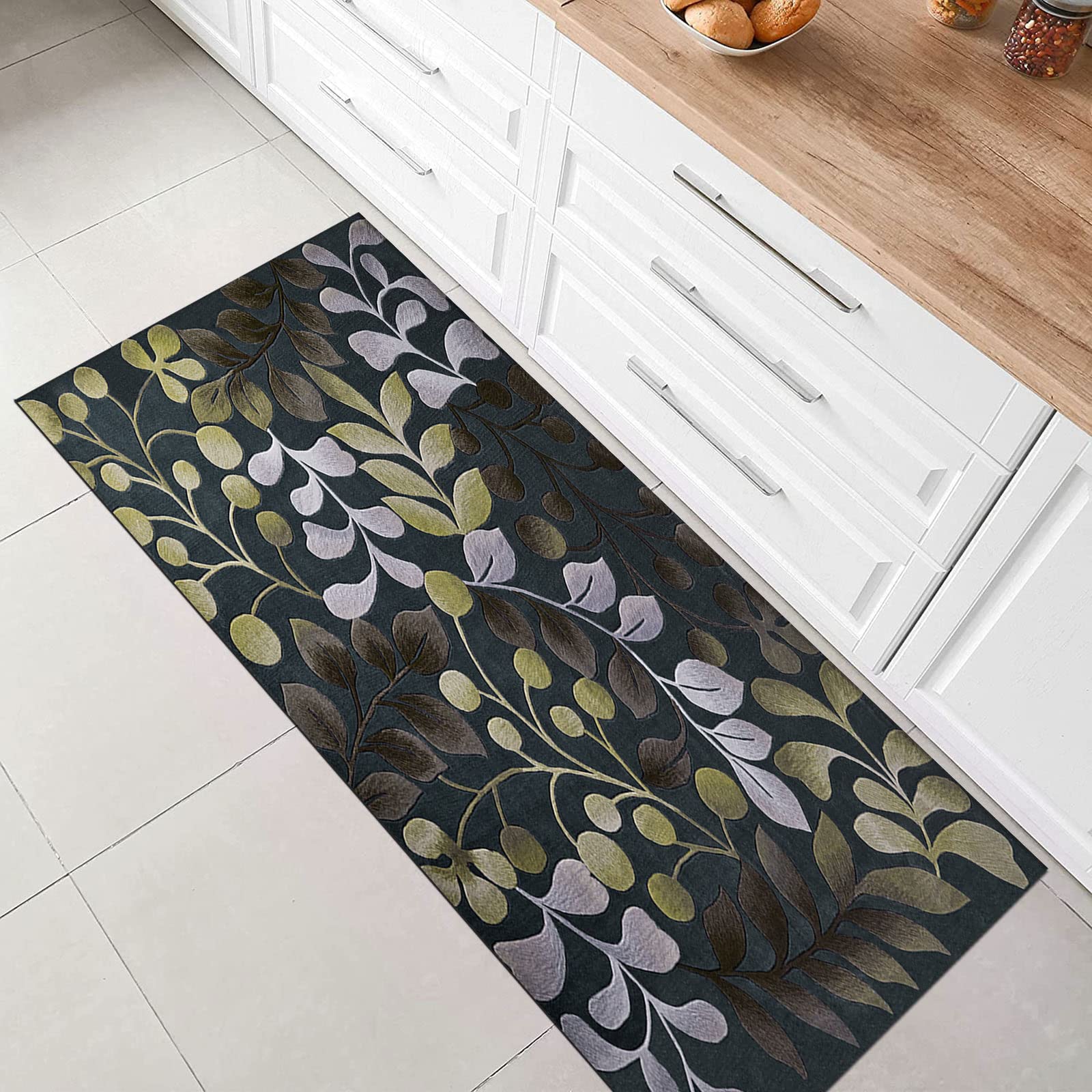 Läufer Teppich Flur rutschfest Waschbar Teppich für Küche Wohnzimmer Modern Traditionell Retro 3D Blätter Design