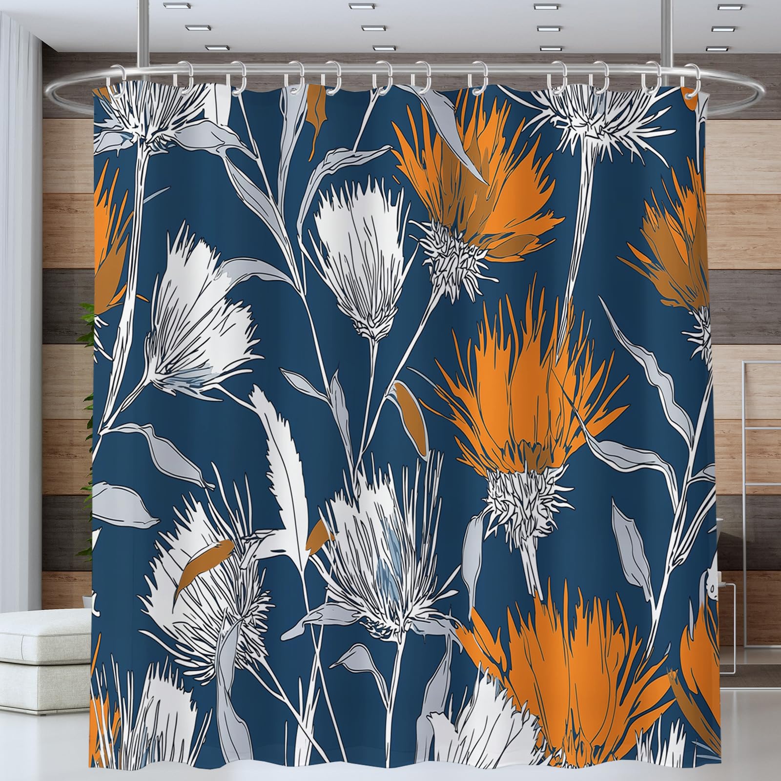 Rideau De Douche Plante De Chardon Polyester Anti Moisissure Lavable Imperméable Tissu Rideaux De Douche Avec Crochets En C Art Rétro Pour Salle De Bain Domicile Baignoire Cabine, Hôtel Orange Blanc