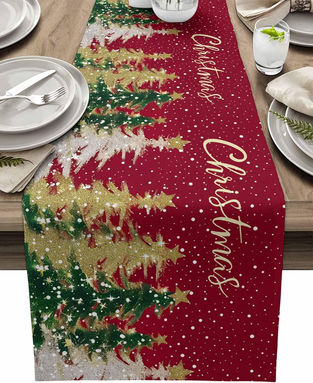 Merry Christmas Table Runner Winter Falling Snow Kitchen Dining Table Holiday Decoration Xmas Tree Dark Red Table Cover for Indoor Outdoor Home Party Decor 13 x 108 Inch
