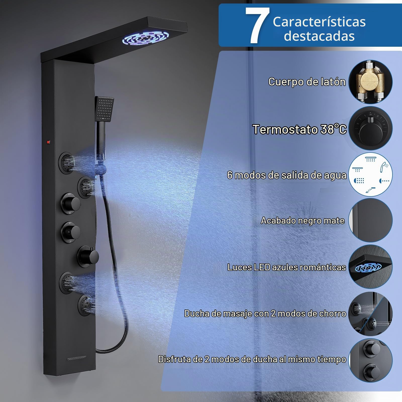 Sistema termostático de panel de ducha – 6 modos de columna de ducha con LED lluvia y niebla, 4 chorros de cuerpo de masaje, auricular y boquilla de baño, acero inoxidable, negro mate