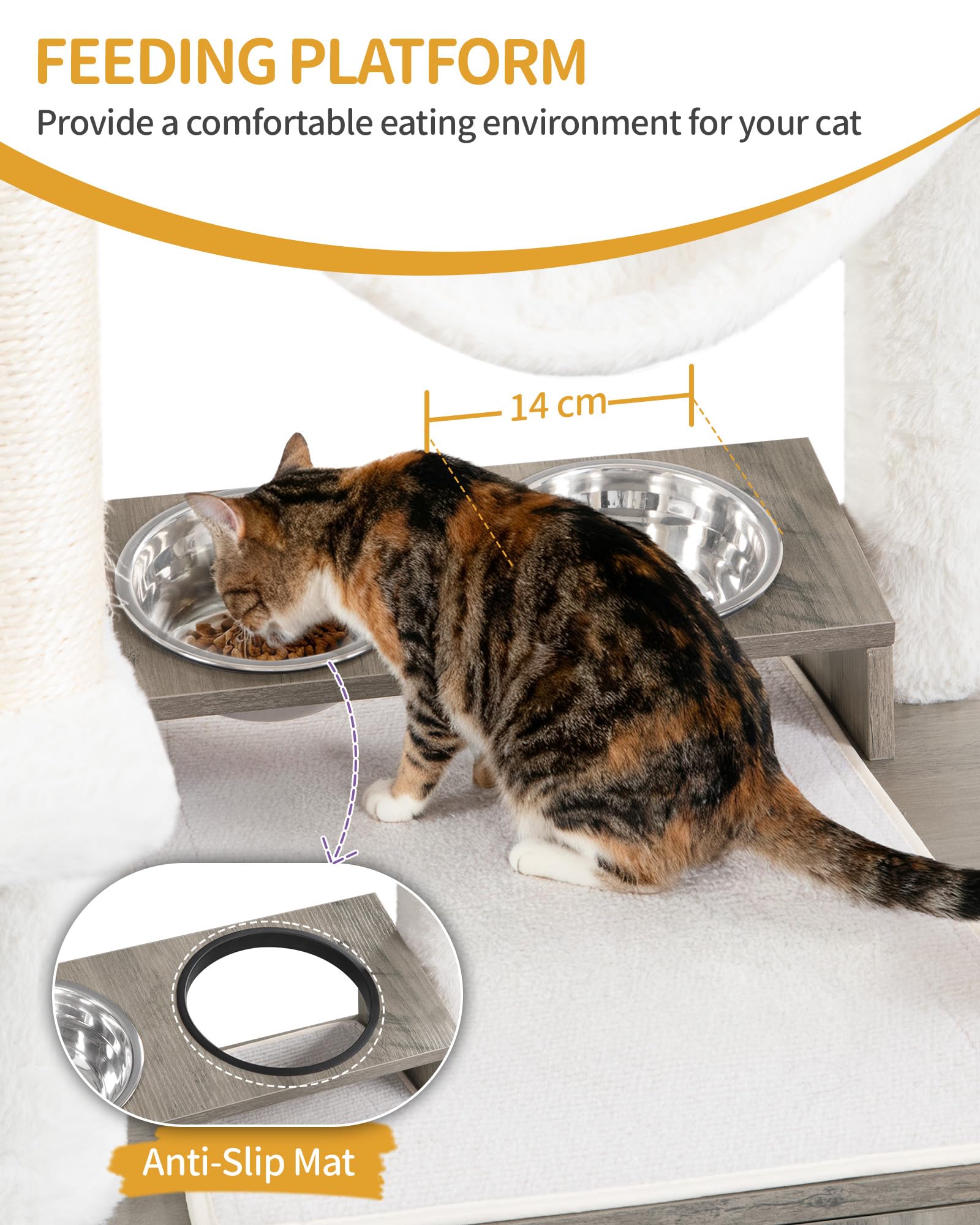 Hzuaneri 176 cm Árbol para Gatos, Casa para Gatos con Mueble para Bandeja Higiénica, Soporte para Comedero Elevado, Cuerda de Sisal, Hamaca y Cojín Lavable, Marfil Claro CB89105WT