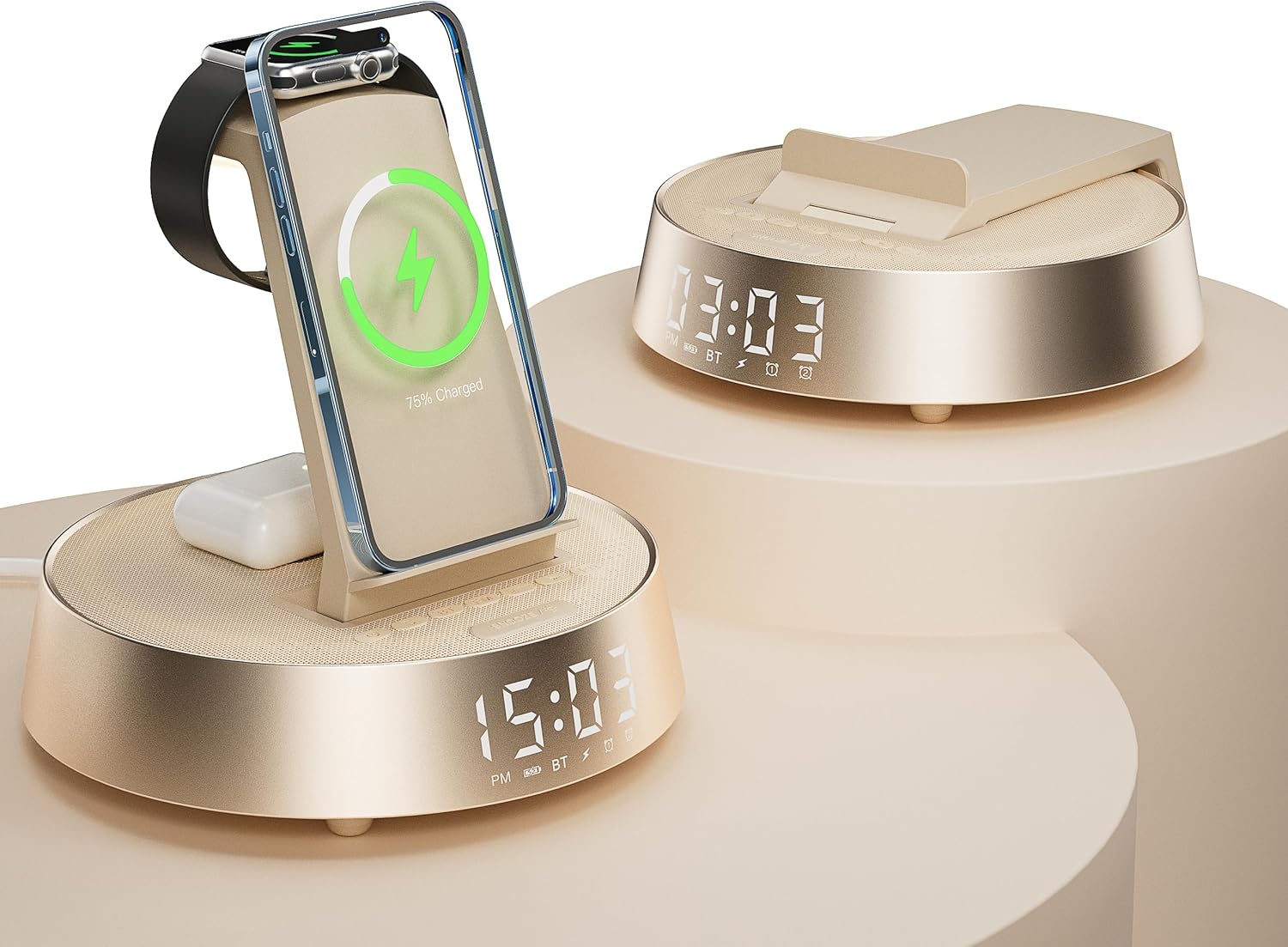 Alarm Clock with Wireless Charging Station, Clock for Bedroom with Night Light Bluetooth Speaker, Wireless Charger Dock Station for iPhone 17 16 15 14 13 12 Pro Max, Apple Watch 11, AirPods 3 (Beige)