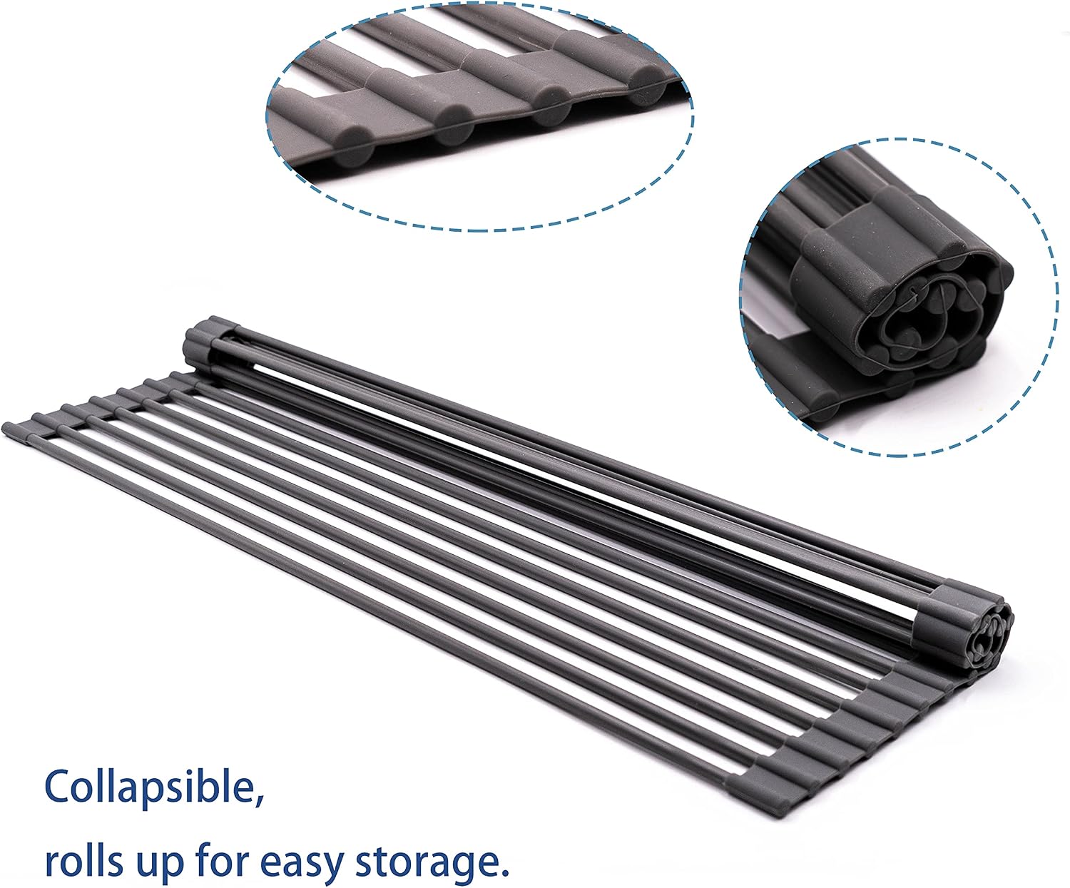 Bigdata&BetterLife Roll Up Dish Drying Rack Simple Large Space Saving Dish Drying Mat for Kitchen Foldable Silicone Coated Stainless Steel Heavy Duty Dry Rack(Black, 20.5" x 13.1")