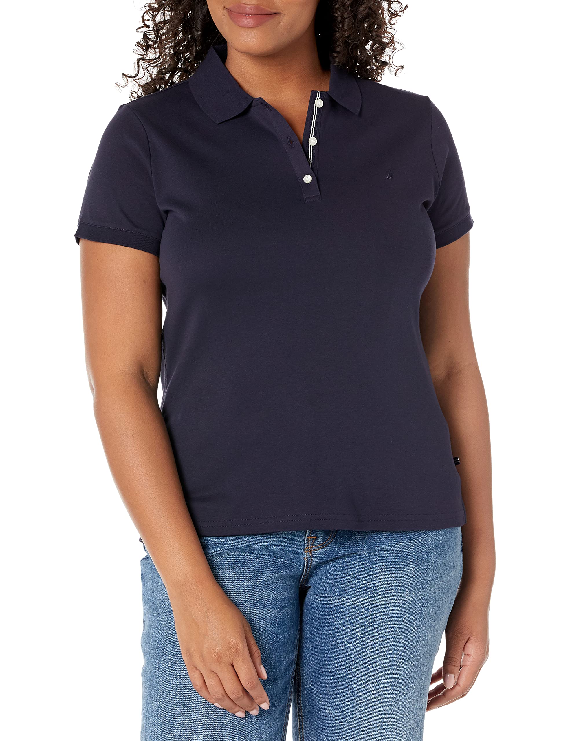 Nautica Women's 3-Button Short Sleeve Breathable 100% Cotton Polo Shirt, Navy, X-Large