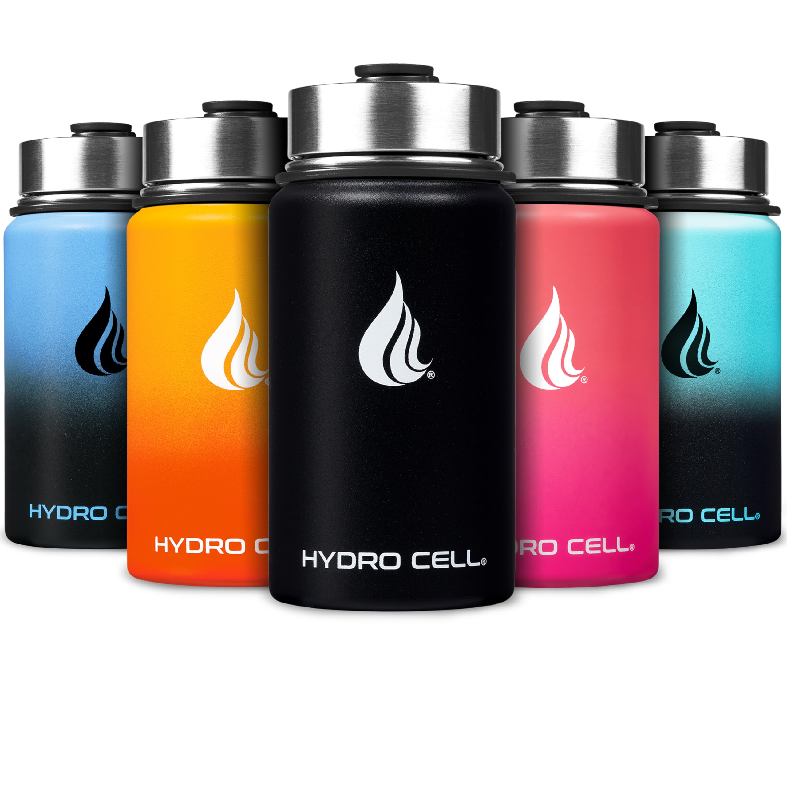 HYDRO CELL Stainless Steel Water Bottle w/Straw & Wide Mouth Lids (40oz 32oz 24oz 18oz) - Keeps Liquids Hot or Cold with Double Wall Vacuum Insulated Sweat Proof Sport Design (Black 14oz)