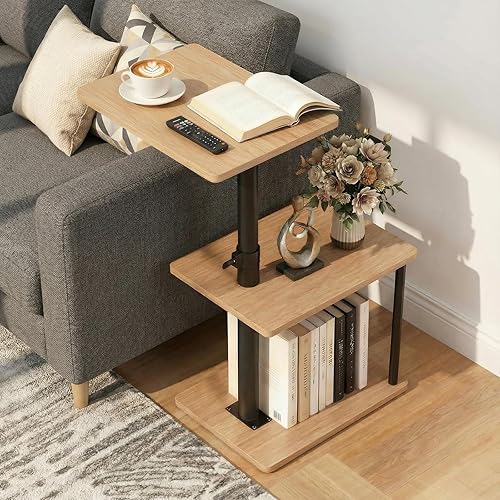 Miniatura 10 de Mesa auxiliar giratoria de 360° para altura ajustable, mesa auxiliar en forma de C para sofá con almacenamiento, mesita de noche de 3 niveles con