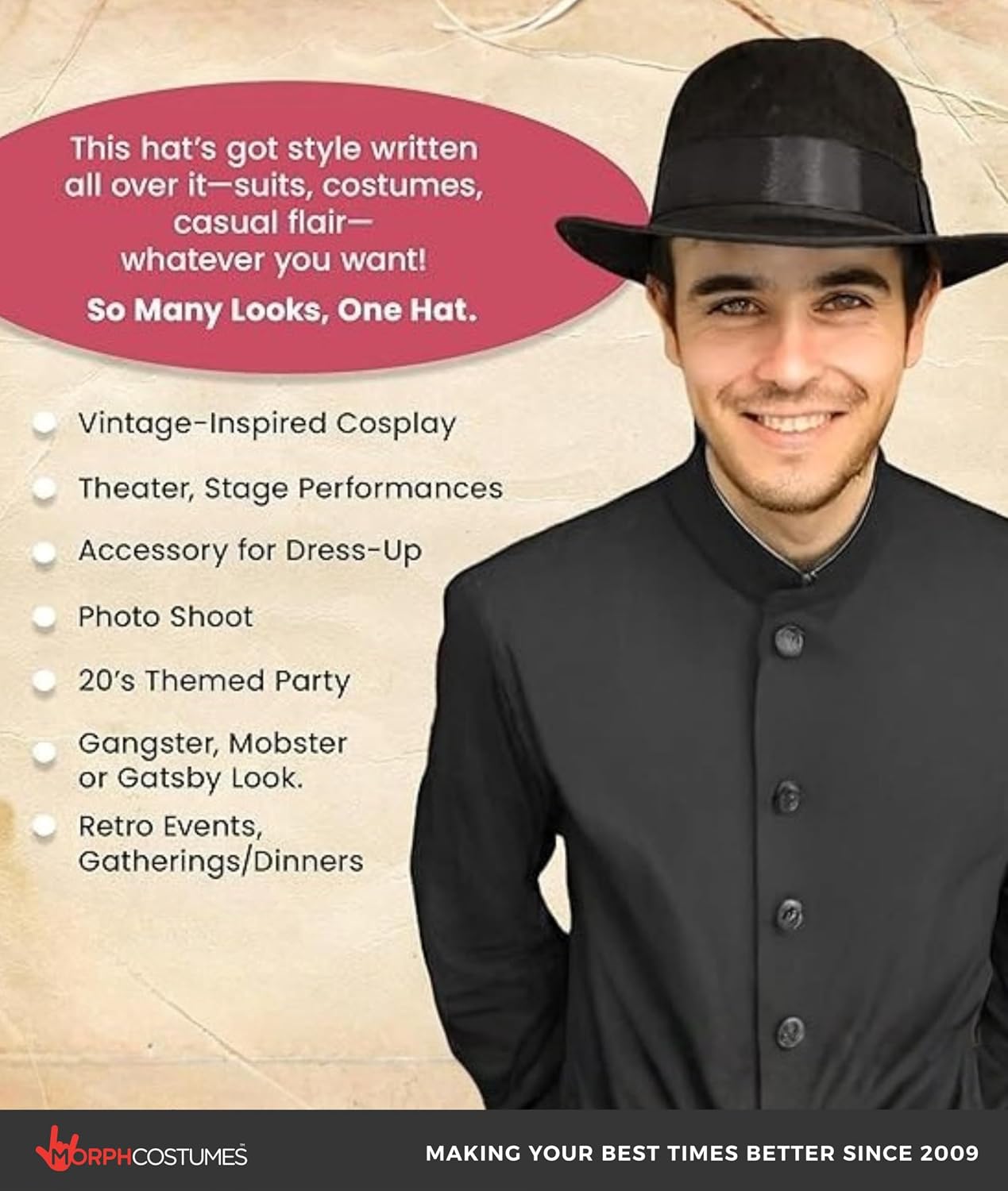 Morph Adult Cosplay Adventurer Fedora Hat Mobster Felt Panama Gatsby Costume Accessory