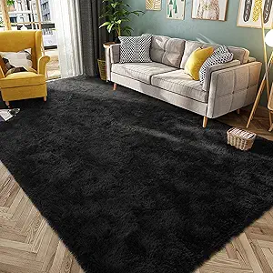 HQAYW Fluffy Area Rug for Living Room 5x8 Feet, Shaggy Rugs for Bedroom Ultra Soft Shag Fur Carpets for Kids Girls Nursery Plush Fuzzy Rug Cute Home Decor Rug, Black