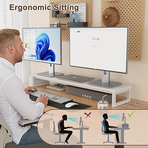 Miniatura 5 de LANDVOI Soporte para monitor doble, soporte de monitor de 41.5 pulgadas de largo para 2 monitores, soporte de monitor de computadora de madera y