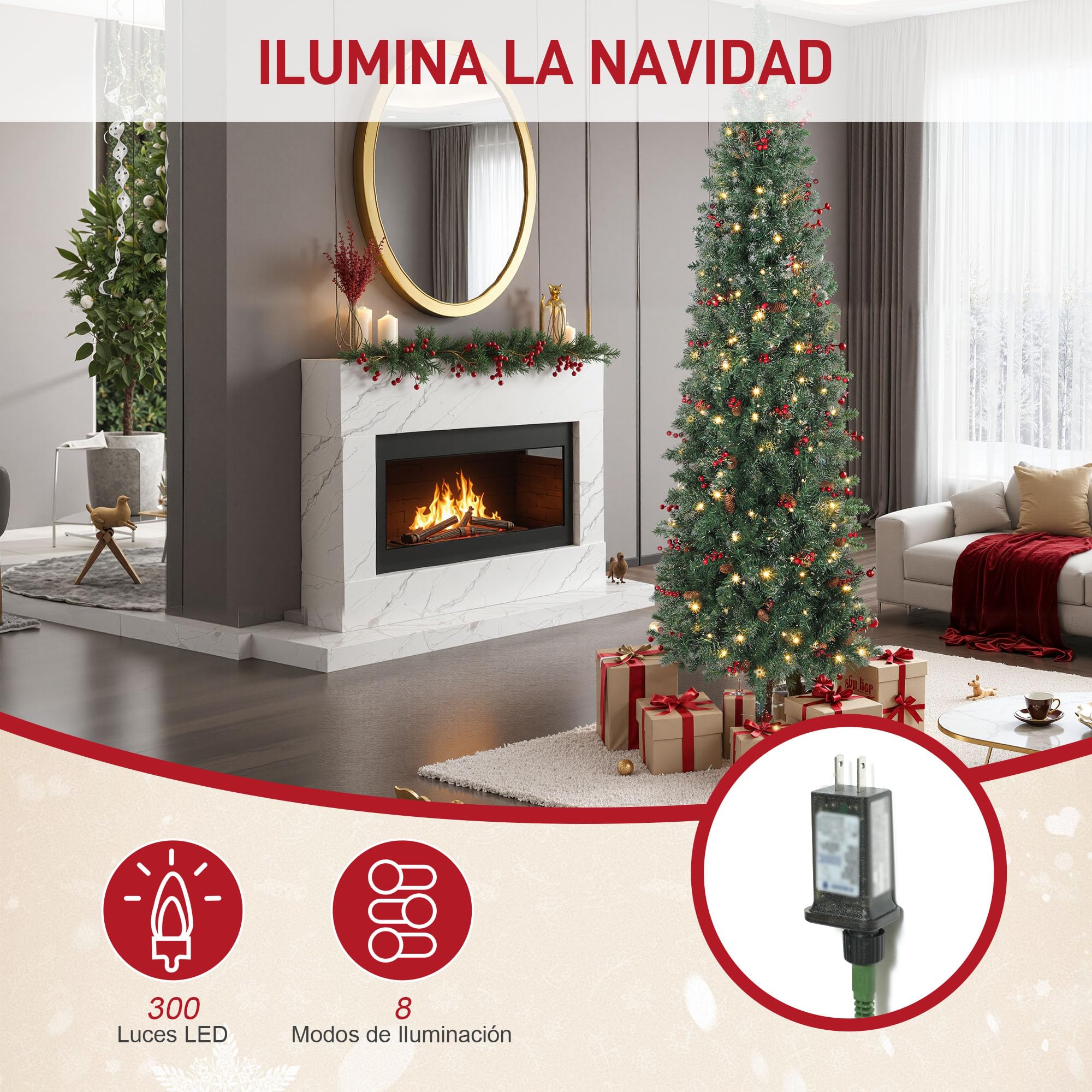 HOMCOM Árbol de Navidad Estrecho 210 cm con Luces LED Verde | Árbol de Navidad, 8 Modos de Iluminación, Ramas con Purpurina Plateada, Piñas, Bayas, Soporte Metálico