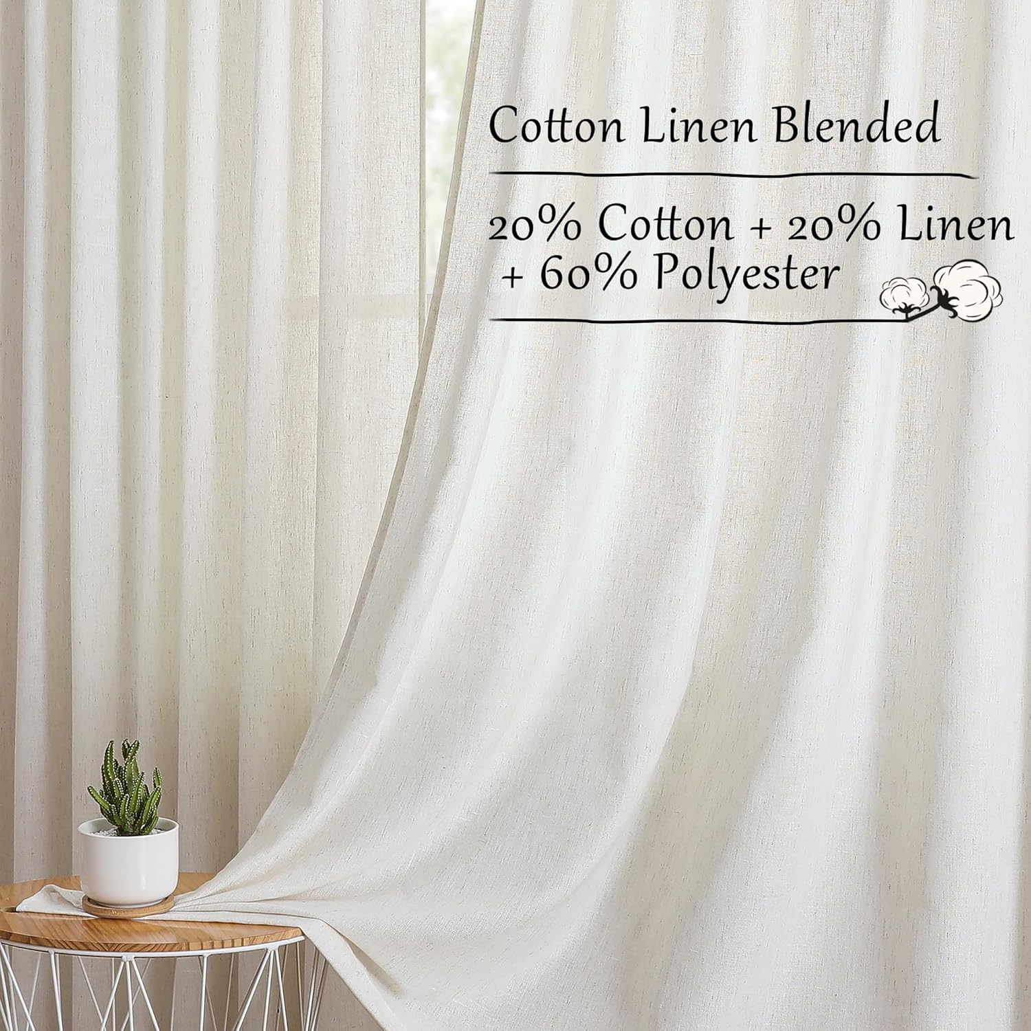 Tollpiz Natural Linen Cotton Curtains Back Tab Short Living Room Semi Sheer Curtain Pocket Neutral Boho Light Filtering Farmhouse Burlap Drapes Bedroom, 52 x 45 inches Long, 2 Panels
