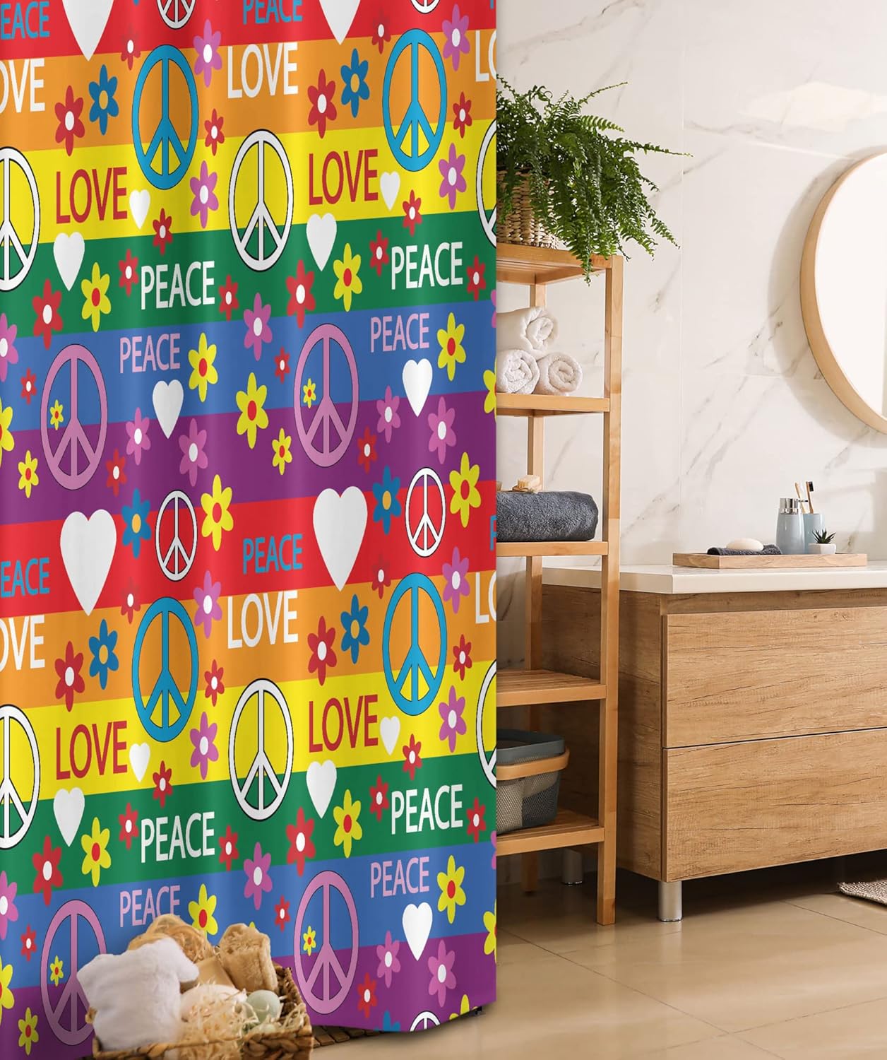 Ambesonne Groovy Stall Shower Curtain, Heart Peace Flower Power Political Hippie Cheerful Colors Festival Joyful, Fabric Bathroom Decor Set with Hooks, 36" W x 72" L, Red Yellow Green