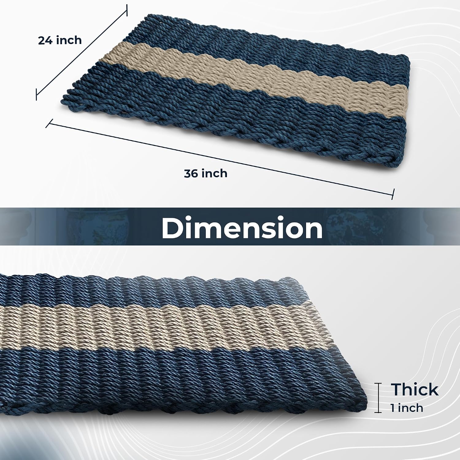 Outdoor Door Mat, The Original Lobster Rope Doormat, All Weather Mats, Woven Door Mat from Nautical Rope, Front Door Welcome Mats, (Navy with Dark Tan Stripe, 18 x 30)