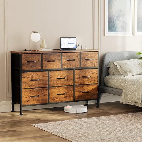 Miniatura 6 de Mueble de TV con toma de corriente, cómoda de 43 pulgadas de largo para dormitorio con 10 cajones de tela, cómoda para sala de estar, pasillo