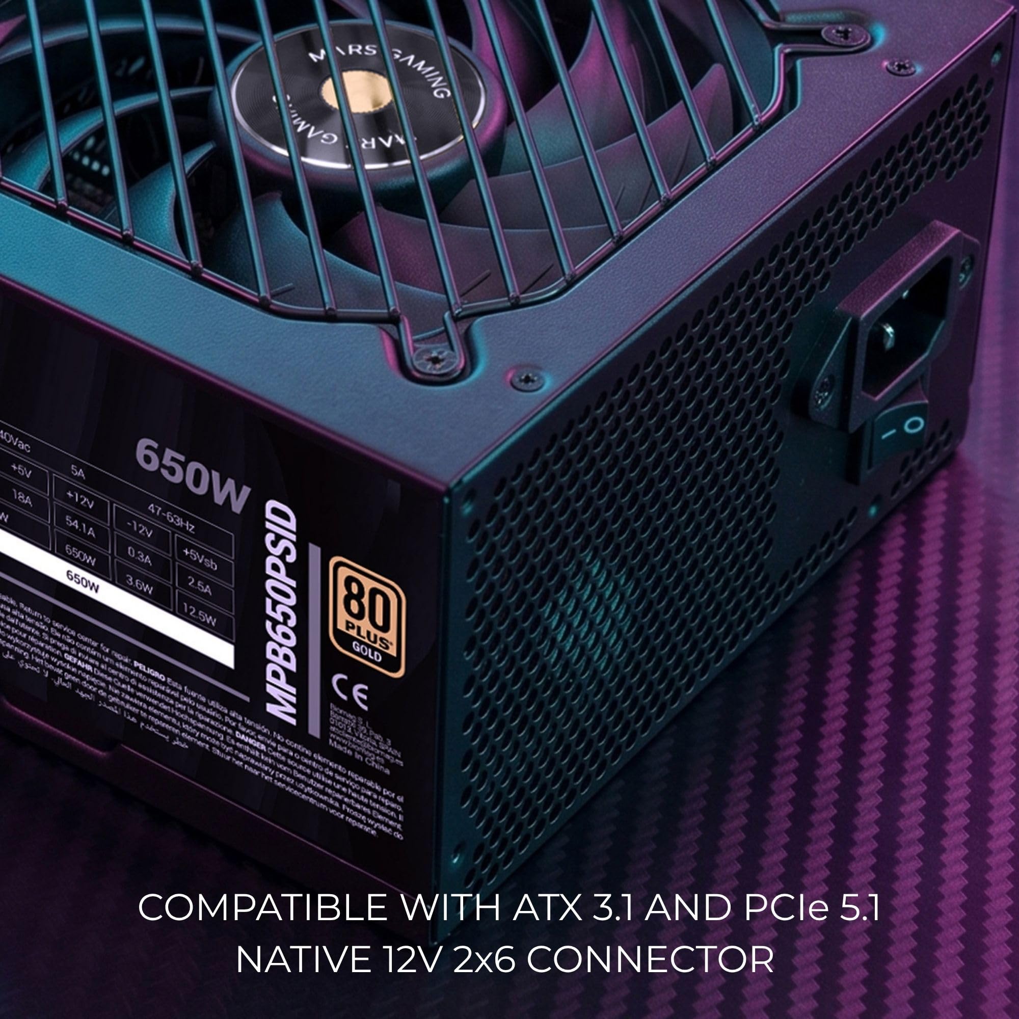 Mars Gaming MPB650PSID, Alimentatore PC 650W, 10 Anni di Garanzia, 80Plus Gold 90%, Ventola SI Extreme Silence, Tecnologie AI2-RPM, DC-DC e SMD, Connettori ATX 3.1 e PCIe 5.1, Nero