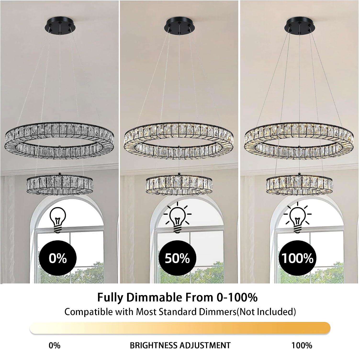 MEXO Crystal Chandeliers 2-Tier Modern Black LED Chandelier Adjustable LED Ceiling Light Fixtures Black Hanging Pendant Lights for Living Room Dining Room