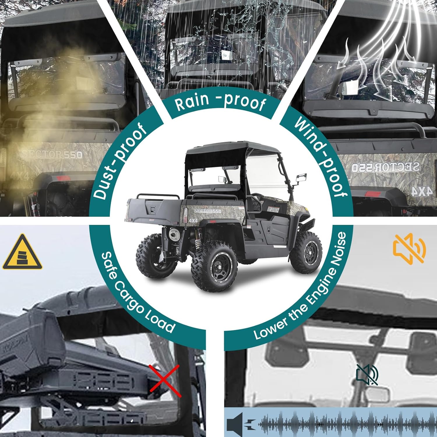 QYMOTO Hisun 550 750 Rear Windshield,Soft Rear Window with Zipper-open compatible with Hisun Sector Vector 550 750,Co-leman 550 750 Cub-Cadet Challenger M550 M750 Parts(Remove roof mounting)