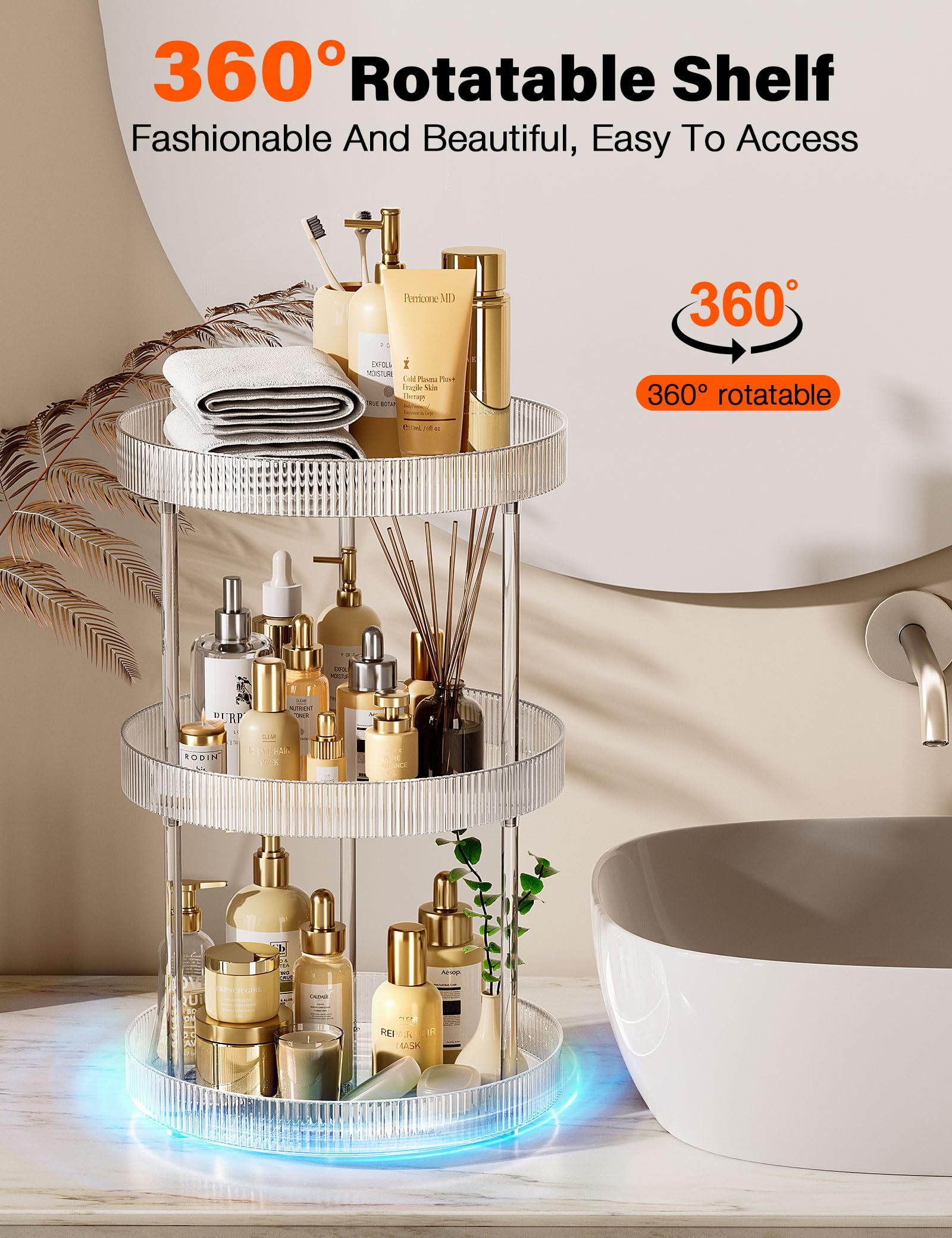 3-Tier Lazy Susan Bathroom Countertop Organizer, 360° Clear Rotating Storage Tray, Cosmetics and Perfume Organizer, Spinning Storage Tray Vanity Organizer Shelf for Bathroom Cabinet, Kitchen(Medium)