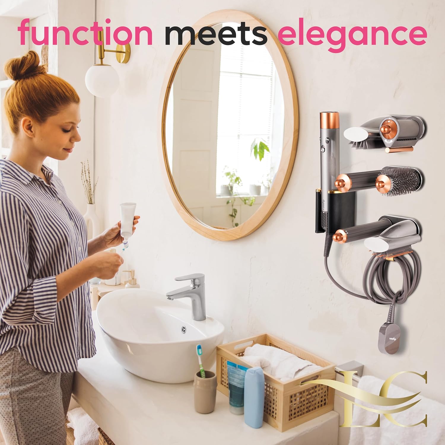 Create-ables Luxecraft for Dyson Airwrap Holder Wall Mount, compatible with Dyson Airwrap Organizer Stand, Made for Airwrap Wall Mount for Air Wrap Organizer, six Attachment Holders and Cable Hook