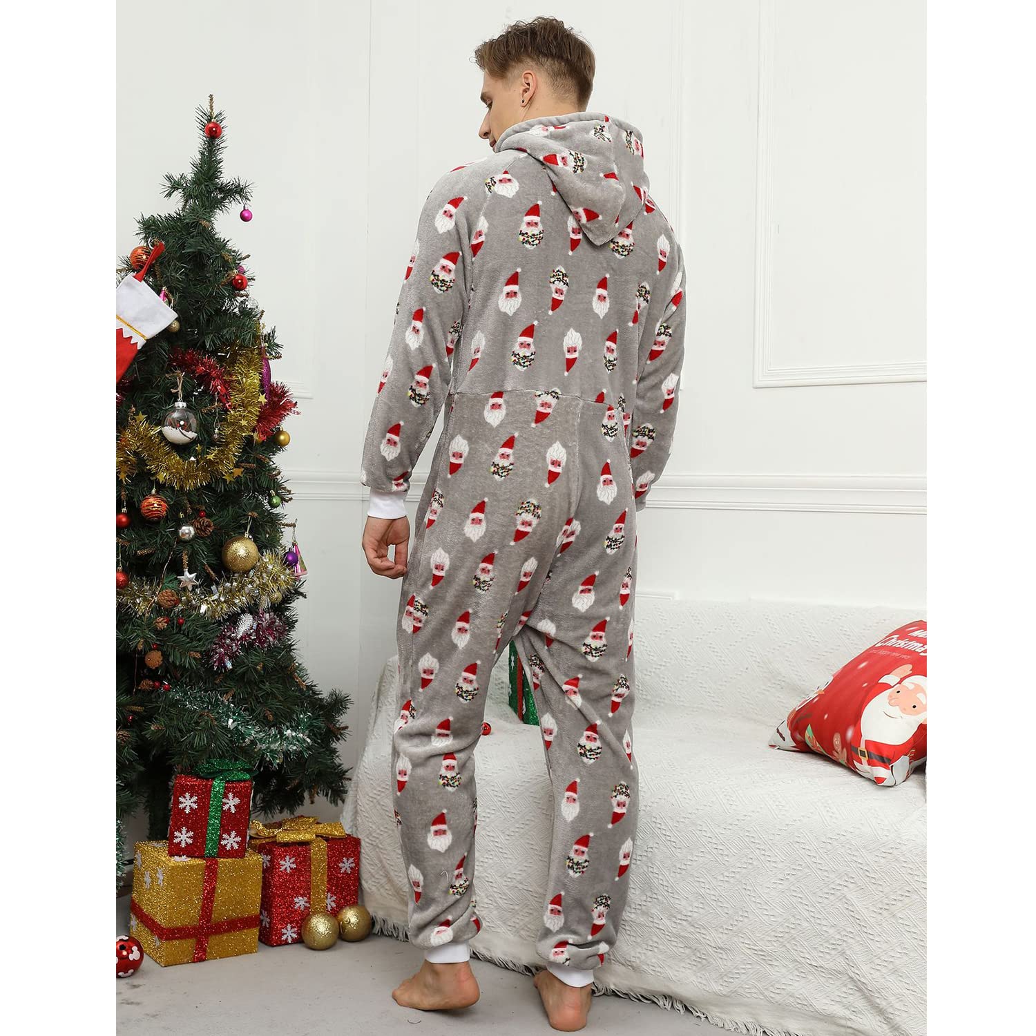 Pijama Navidad Una Pieza Hombre Franela Pijamas Mono Entero con Capucha Manga Larga Invierno Calentito Jumpsuit Adulto Onesie Ropa de Casa Dormir Papá Noel Gris L