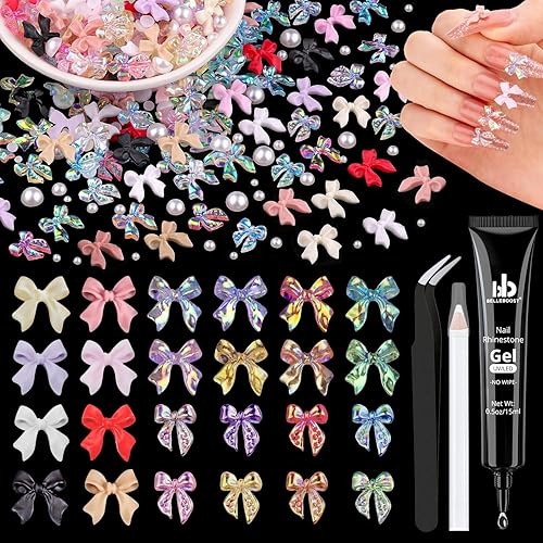 1000 dijes de lazo de uñas 3D y perlas de uñas #1, 16 colores, varios estilos, lindas decoraciones de lazo brillante + medias perlas blancas de
