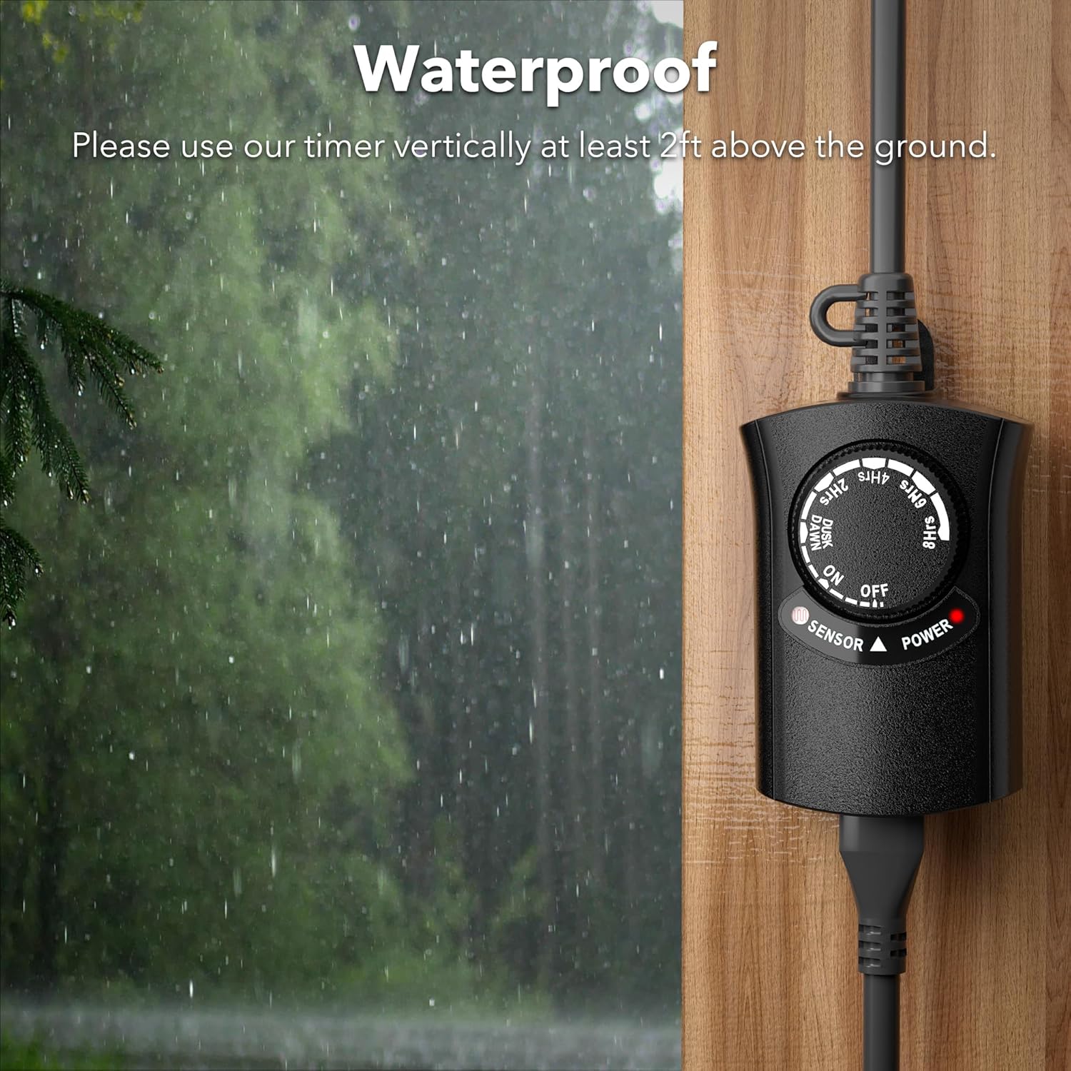 HBN Outdoor Light Timer mounted vertically on a wall during rain, demonstrating its waterproof design.