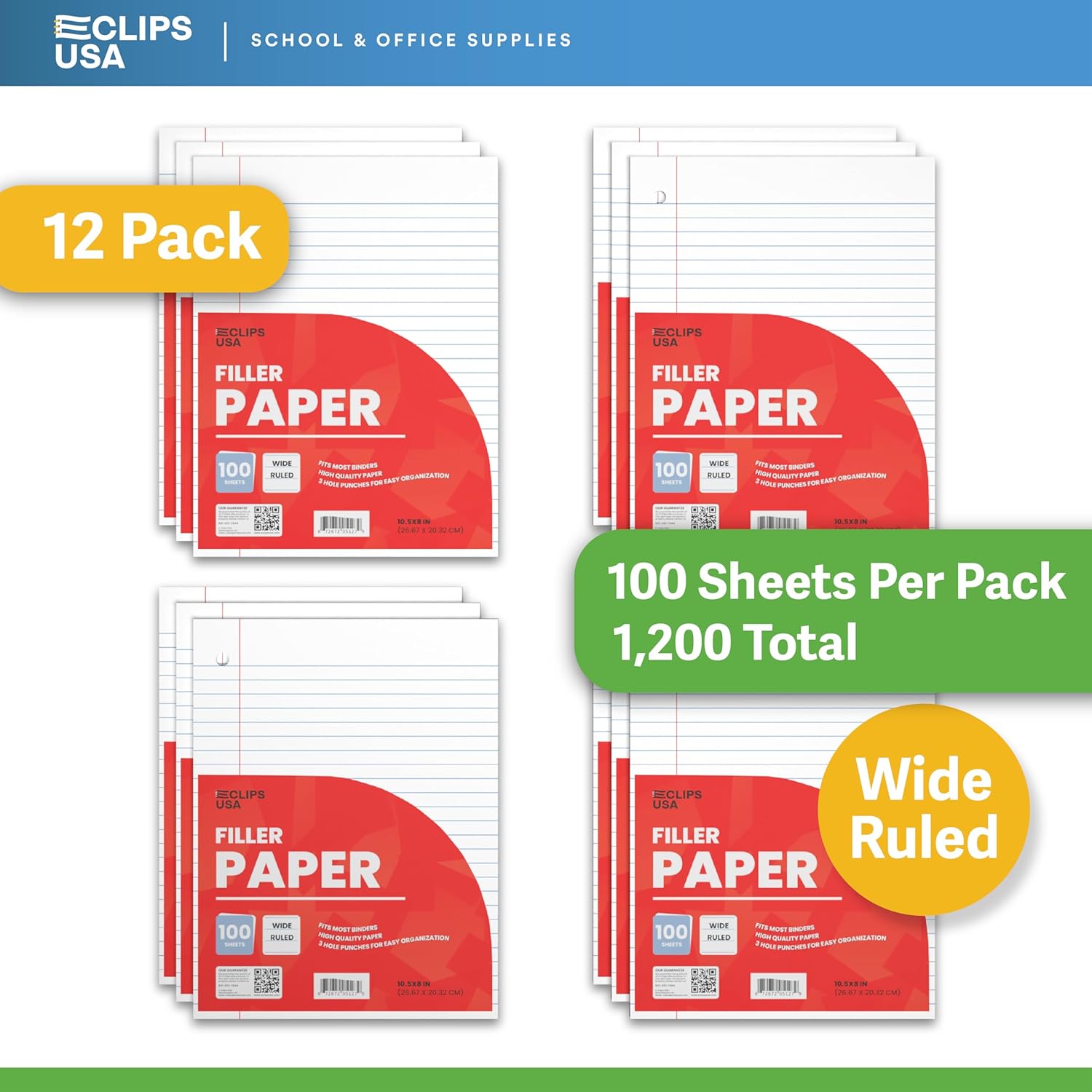Wide Ruled Loose Leaf Paper Wide Ruled Notebook Paper Lined Writing Filler Paper 10.5” x 8” 56 gsm 1200 Sheets 100 Sheet Per Pack (12 Pack)