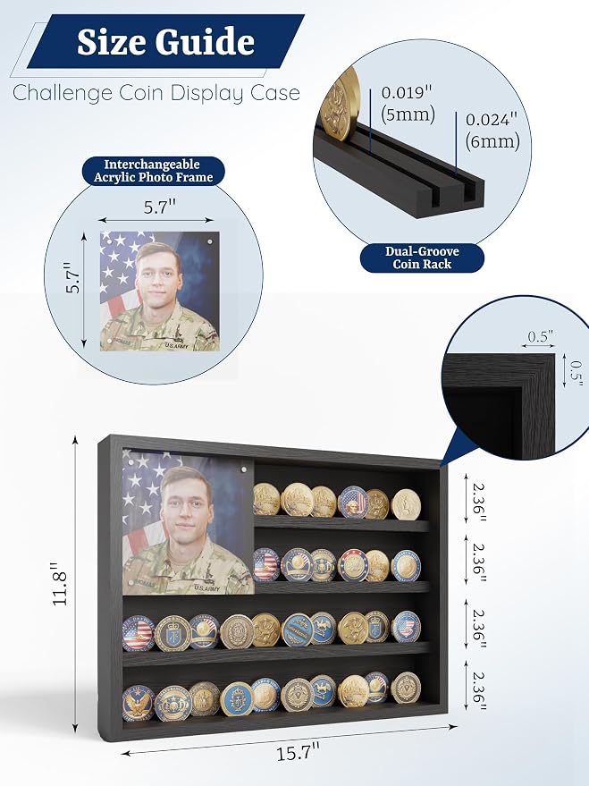 Caja decorativa de madera con marco acrílico y 4 filas para monedas miniatura 2