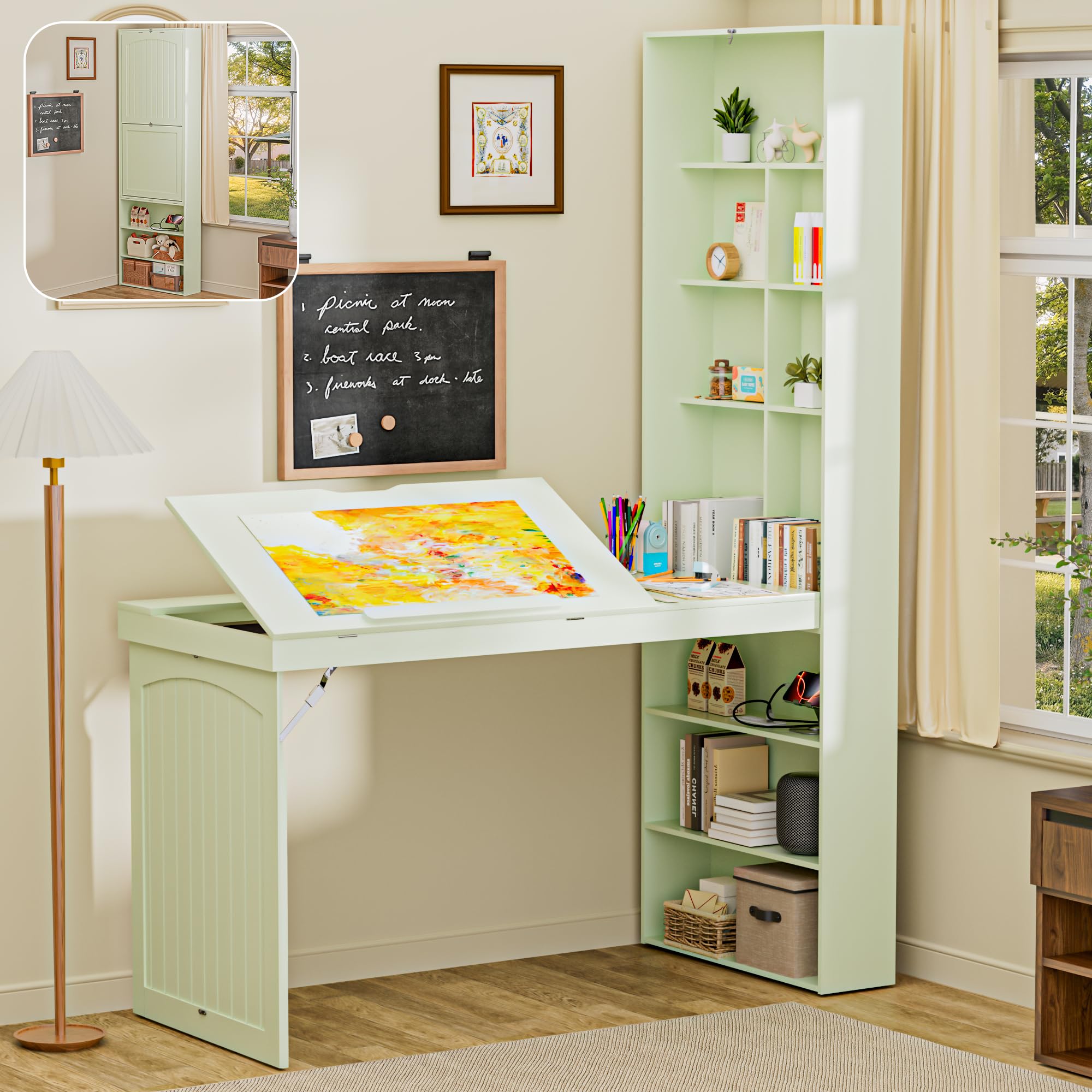 Foldable Drafting Table Desk, Space-Saving Folding Craft Table with Storage