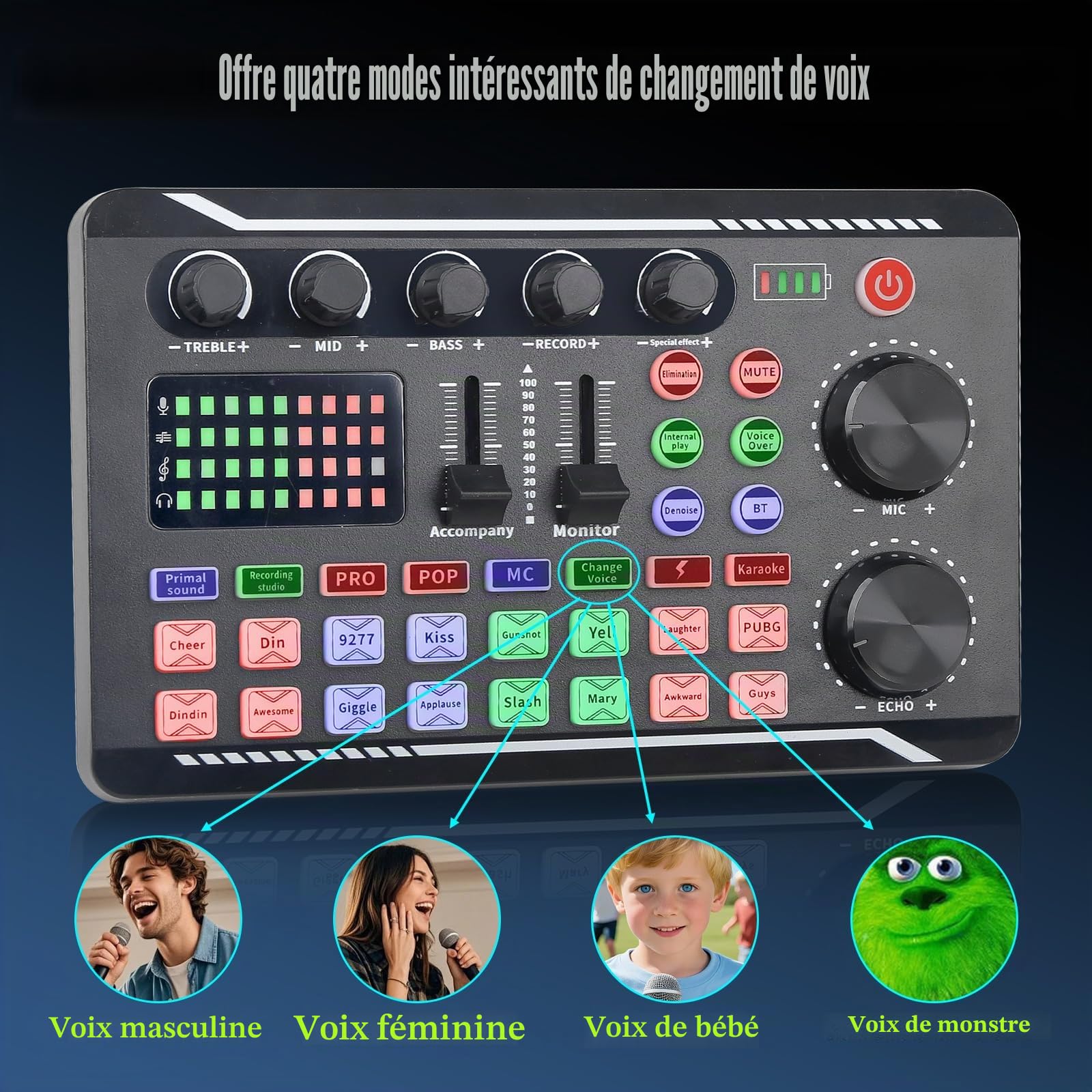 Carte son professionnelle en direct, mixeur audio et interface audio avec effets de mixage DJ, changeur de voix, équipement de studio pour streaming/podcasting/jeux