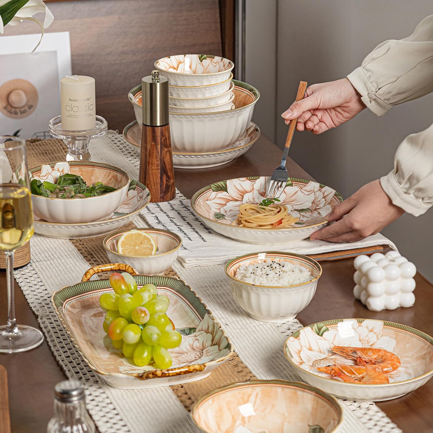 43 Piece Ceramic Dinnerware Set, Microwave & Dishwasher Safe Plates and Bowls with Camellia Pattern, Porcelain Dishware for Kitchen & Dining