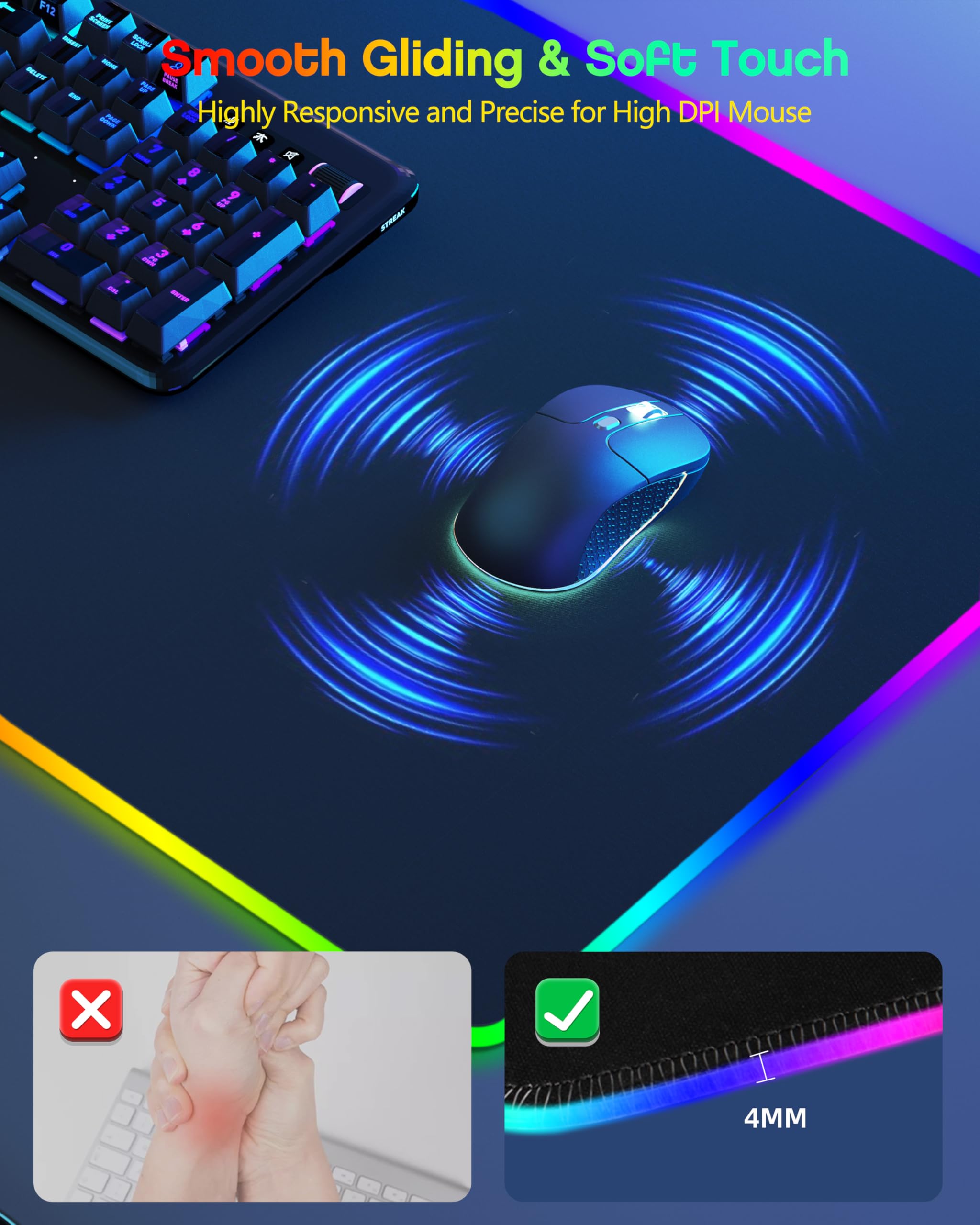 Alfombrilla de mouse RGB 3 en 1 para juegos con carga inalámbrica magnética, 31.5 x 15.8 pulgadas, grande, 24 efectos de luz, base antideslizante, superficie ultra lisa impermeable, con