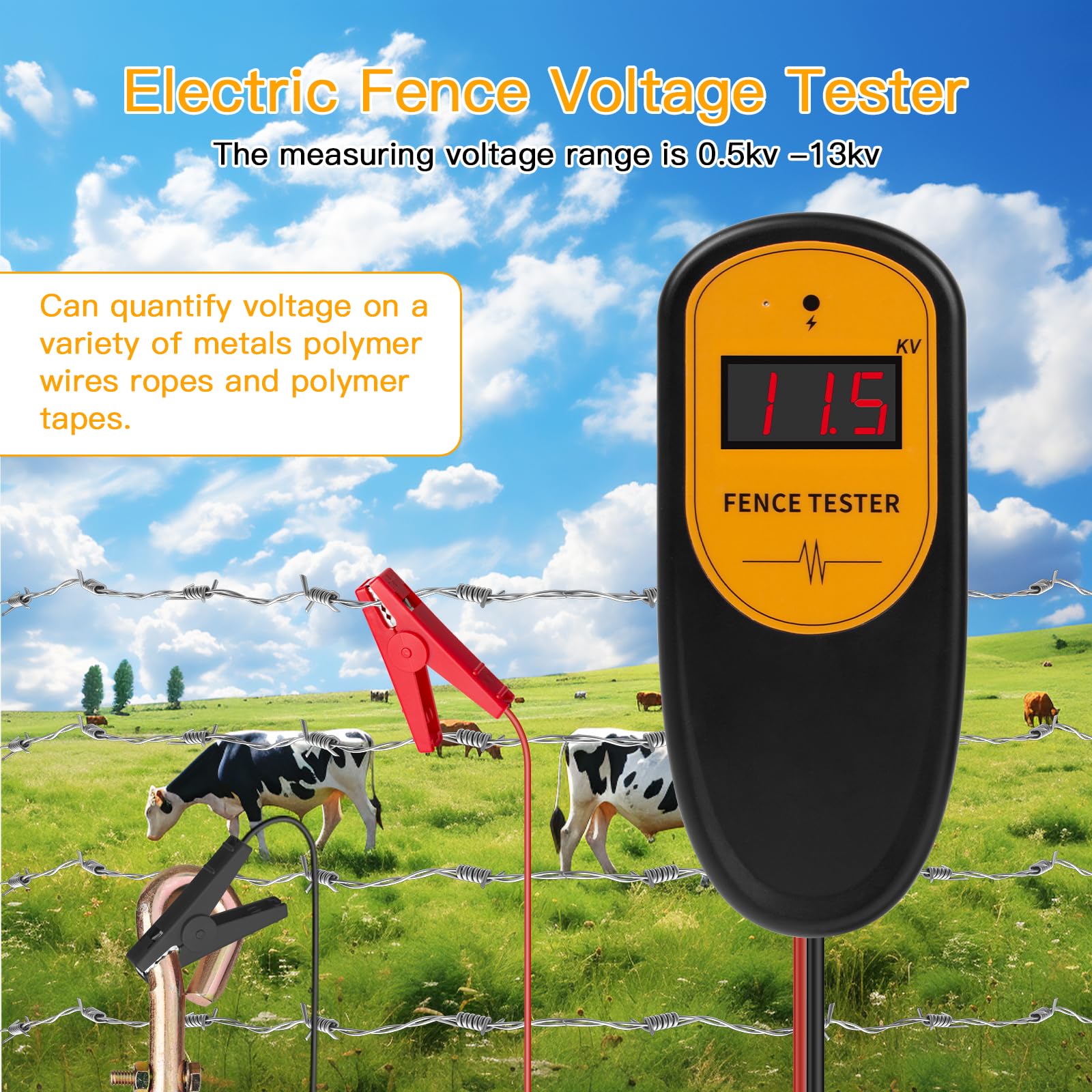 Tester di tensione recinzione elettrica digitale, 13KV 500-13000V, rilevatore di guasti, tester di recinzione elettrica a morsetto tascabile per test di tensione recinzione elettrica della fattoria