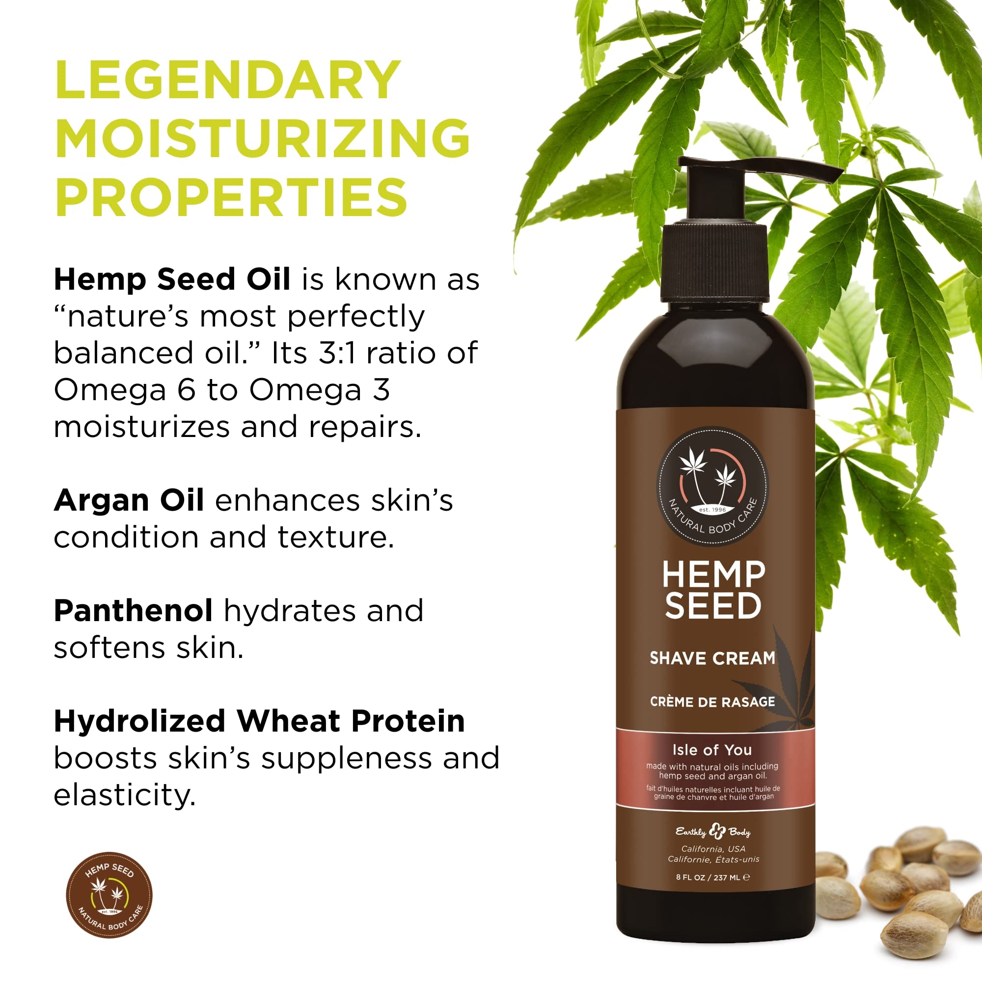 Hemp Seed Shave Cream, Isle of You - 8 oz - Nourishes & Protects Skin - With Hemp Seed Oil, Argan Oil & Vitamin E - Vegan, Cruelty Free