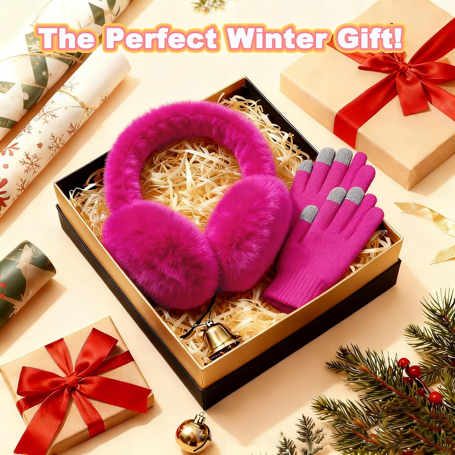 LiuSuper Kids EarMuffs Gloves Set, Foldable Fluffy Winter Ear Warmer Touchscreen Mittens for Skiing SnowPlay Girls Boys 7-12Y - Image 7