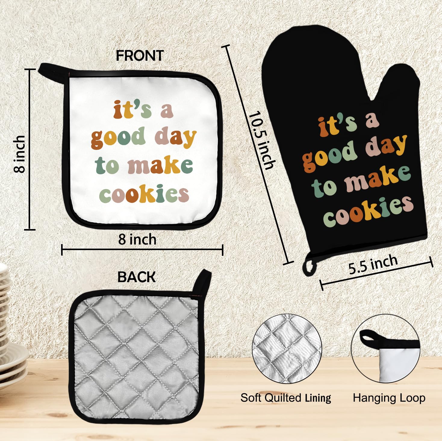 Regalos para hornear, guantes de horno y soportes para ollas, regalos para hornear para mujeres, regalos para amantes de las galletas, resistente al calor, decoración de cocina para niñas, día 6