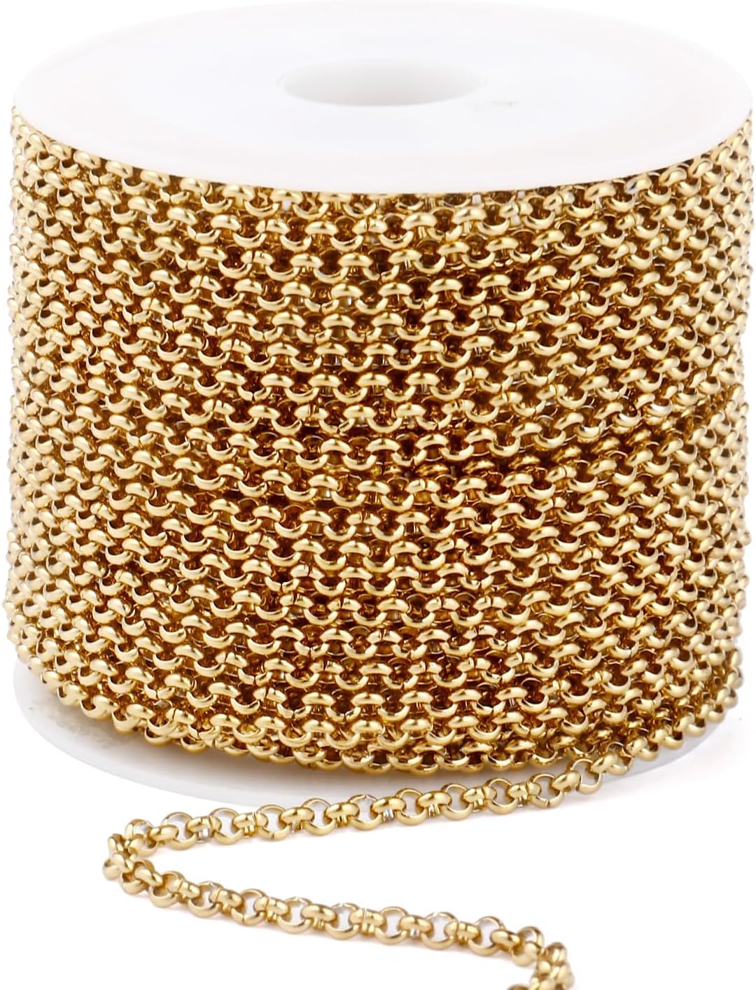 33FT 18K Gold PVD Plated Rolo O Chains Roll, 3.5mm Gold Stainless Steel Round Rolo Chain Spool Bulk for Jewelry Making
