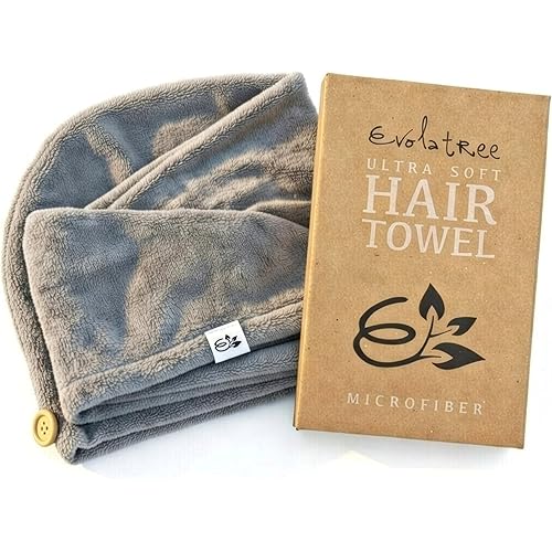 Evolatree Ultra Soft Microfiber Hair Towel Wrap with Wooden Button – Quick-Dry Anti-Frizz Turban for Women, Thoughtfully Designed for Mindful Hair Care – Gray