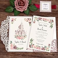 Vista 9 de 50 invitaciones de boda personalizadas de 4.7 x 7 pulgadas, color azul marino, cortadas con láser, con sobres, bolsillo rosa hueco y banda