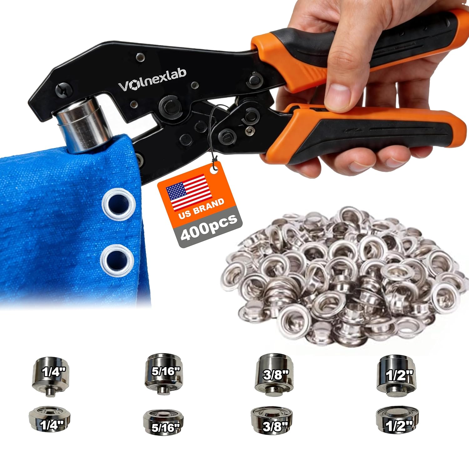 4-Size1/4" 5/16" 3/8" 1/2" Grommet Tool Kit, Ratcheting Eyelet Pliers with Magnetic Heads and 400 Metal Grommet Setter for Canvas, Banner, Tarps, Tents and DIY Crafts