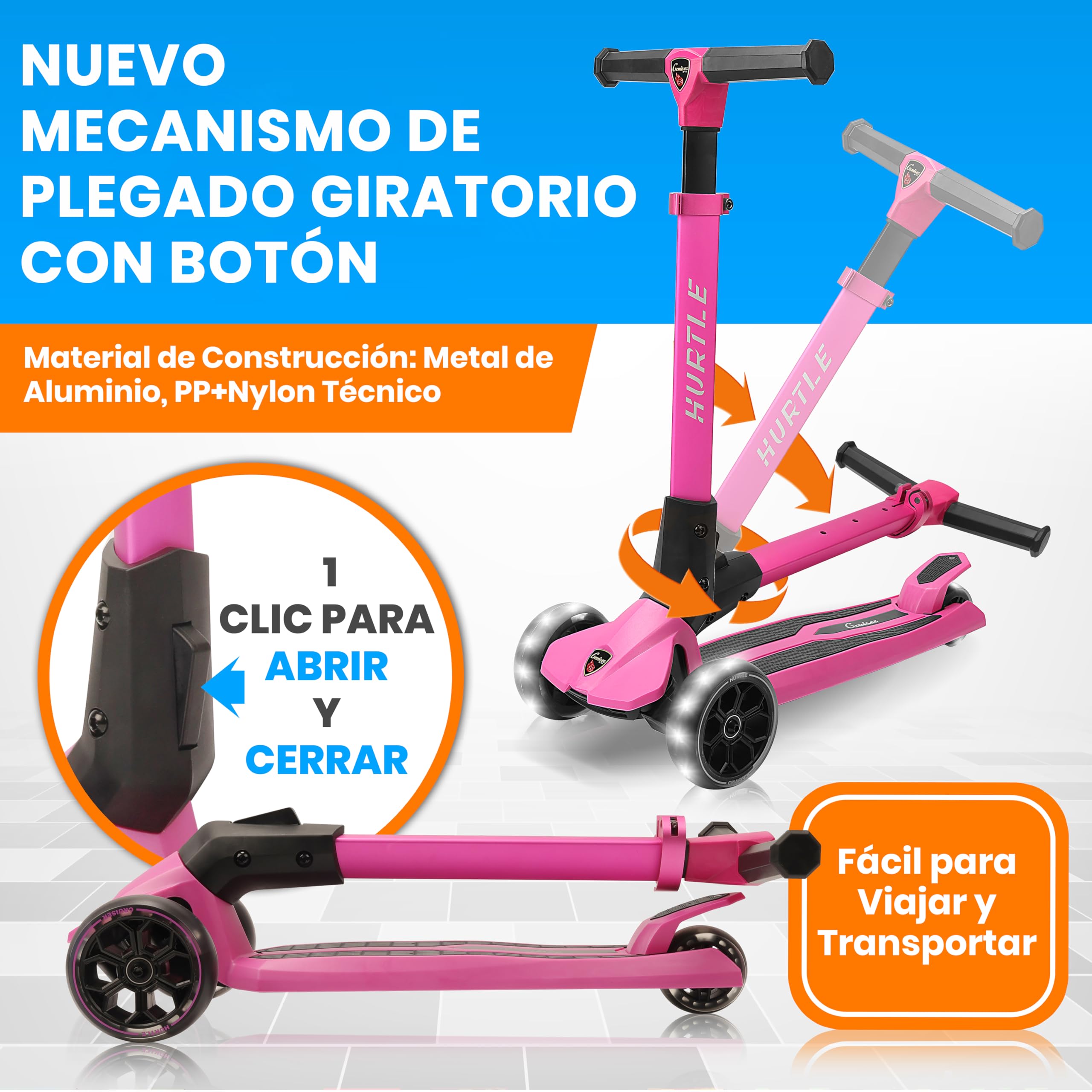 Hurtle Patinete niños 3 Ruedas, Juguetes, 3 años en adelante, Altura Ajustable, Interiores, Exteriores, Luces Intermitentes