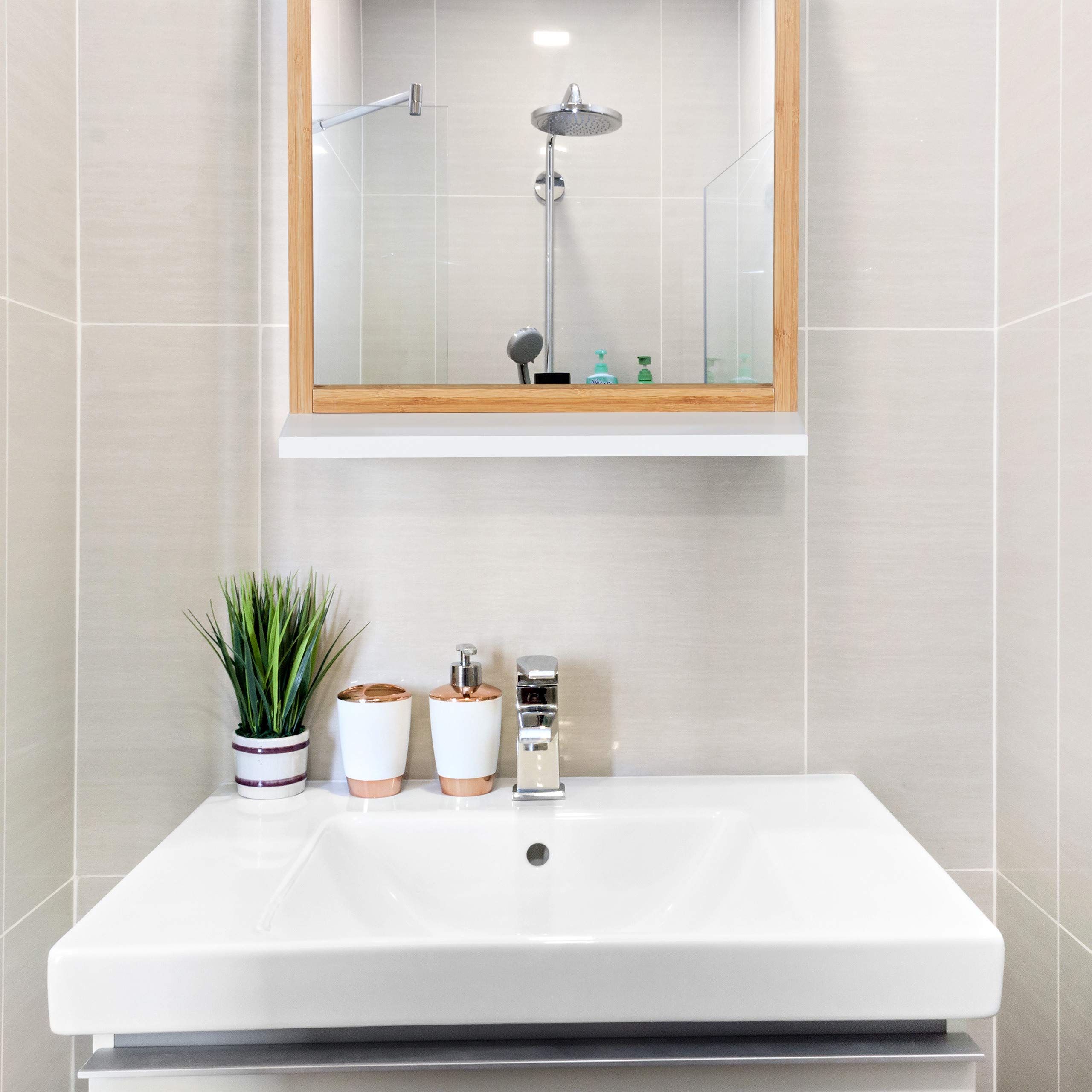 Relaxdays Espejo de Pared con Estante, Marco de Madera, Bambú y MDF, Marrón y Blanco